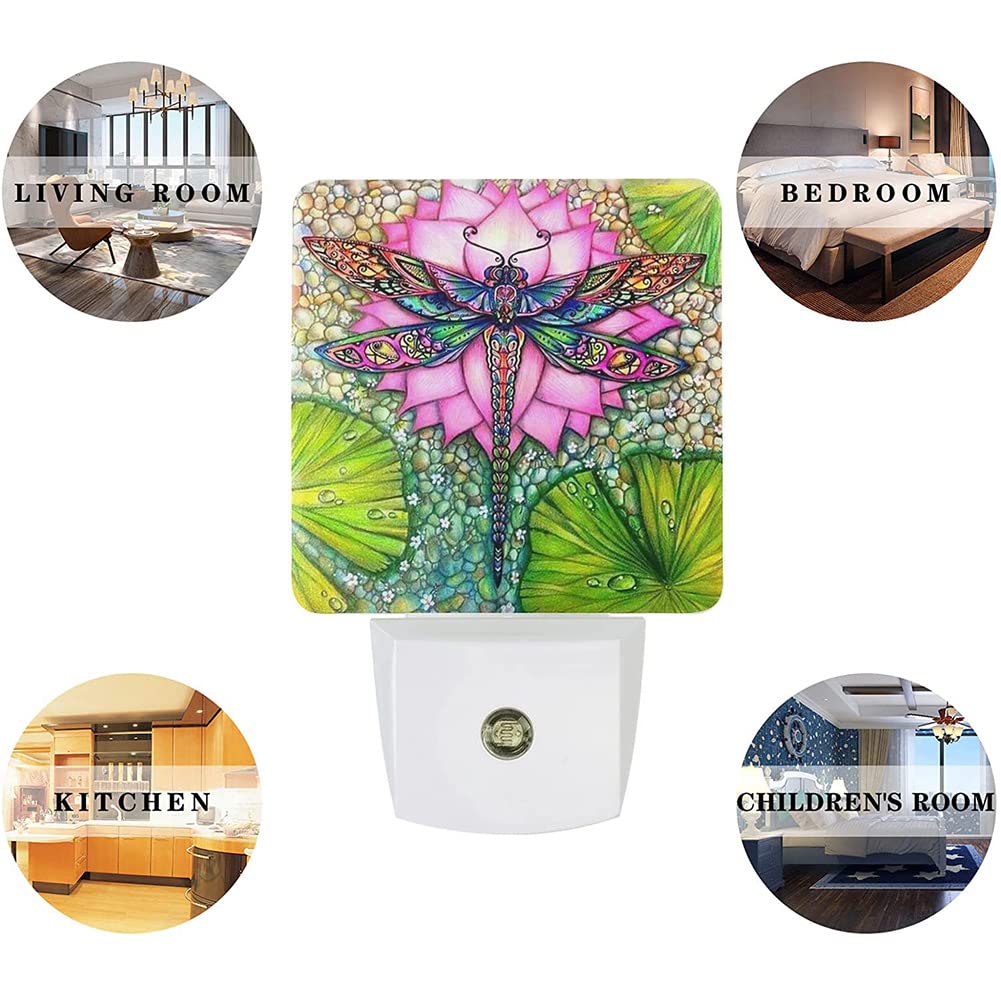 Dragonfly Night Light Plug In Led Lamp Night Lights For Bedroom Lotus Nightlight Decor For Kids Room Hallway Stairs Dimmable With Auto Sensor Adjustable Brightness Auto On/Off Dragonfly Gift For Women