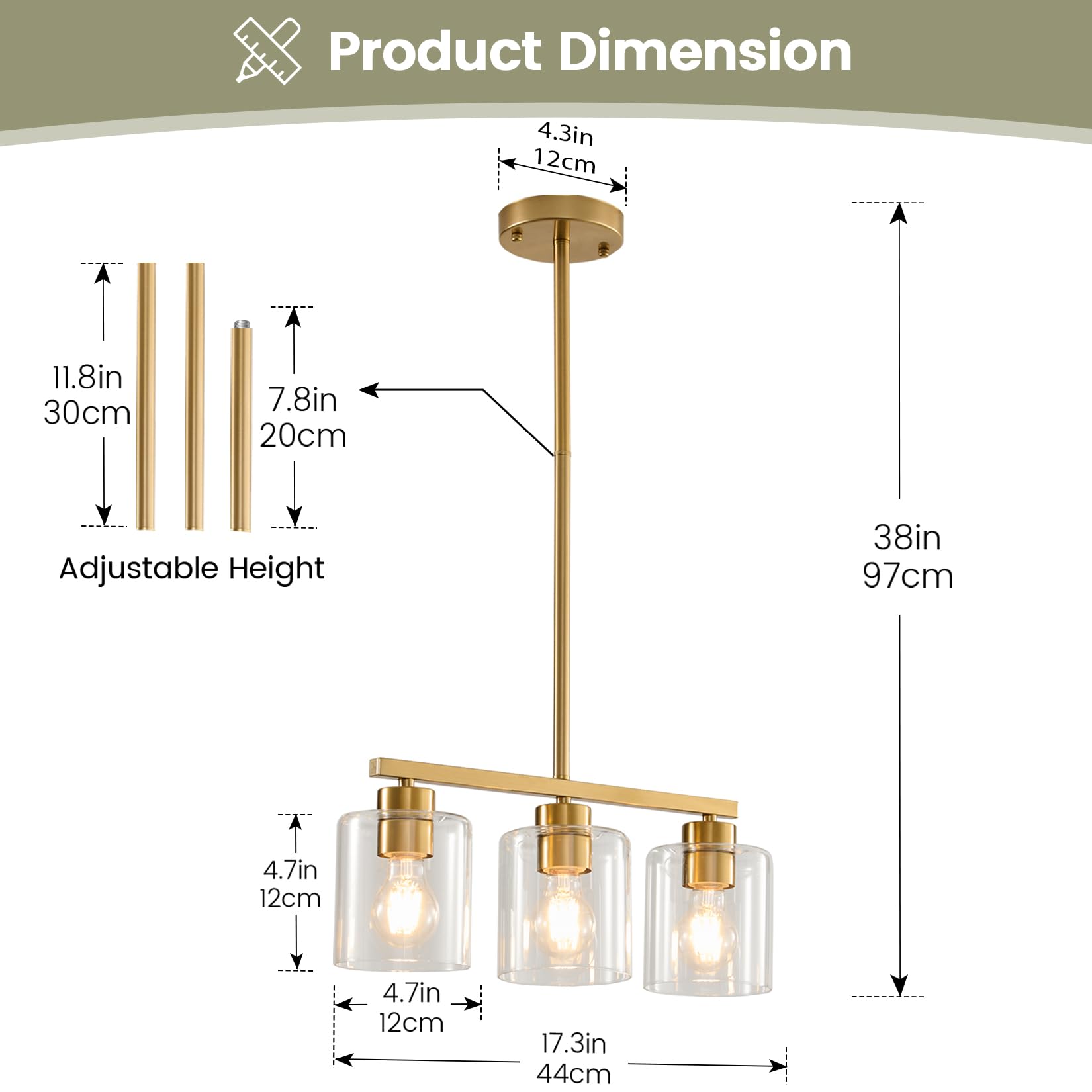 Rocunsi 3-Light Gold Kitchen Island Lighting  Gold Pendant Light Fixture  Farmhouse Dining Room Light Fixtures Over Table  Modern Hanging Light Fixtures With Clear Glass  E26 Base  Bulbs Not Included