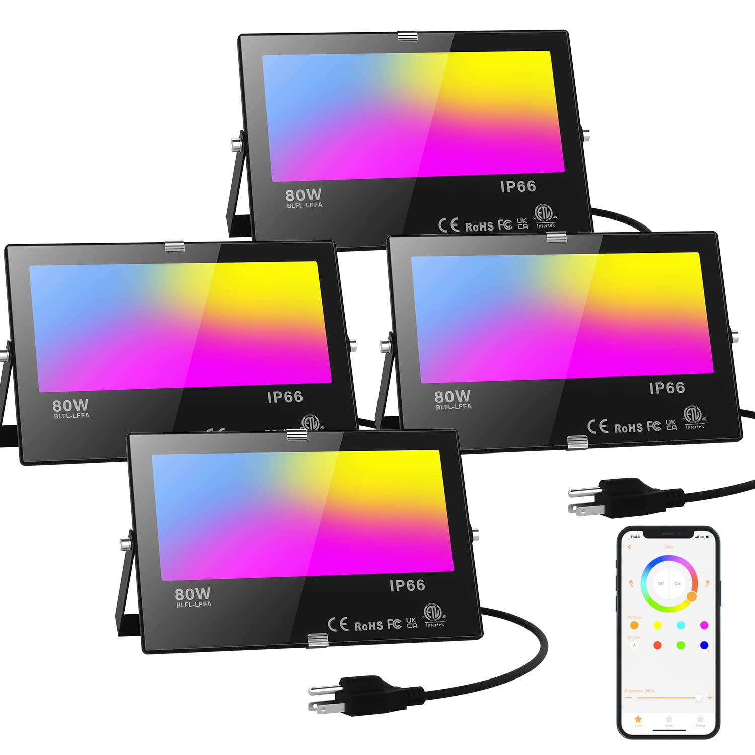 Led Flood Light Outdoor 800W Equivalent 8000Lm, Smart Rgb Color Changing Landscape Lighting With App Control, Ip66 Waterproof Outdoor Led Lights Daylight 5700K, Diy Scenes, Timing Floodlights, 4 Pack