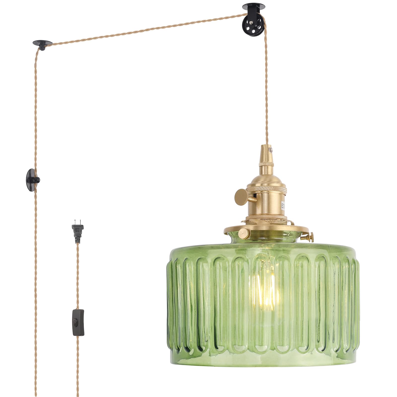 Shenmoyl Plug in Pendant Light Hanging Light Fixture Corded On/Off Switch Brass Pendant Light with Green Striped Glass Lampshade