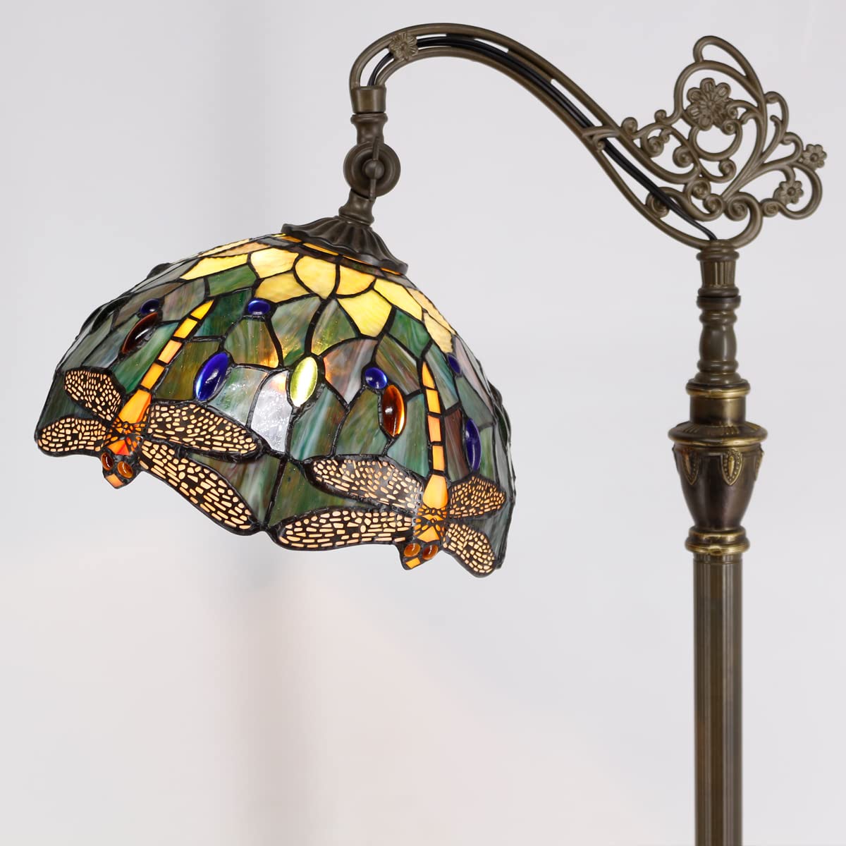 ZJART Tiffany Floor Lamp - Adjustable Arched Gooseneck, Stained Glass, Amber Yellow Dragonfly, 18.88"x12"x67", Model Z04E21F12
