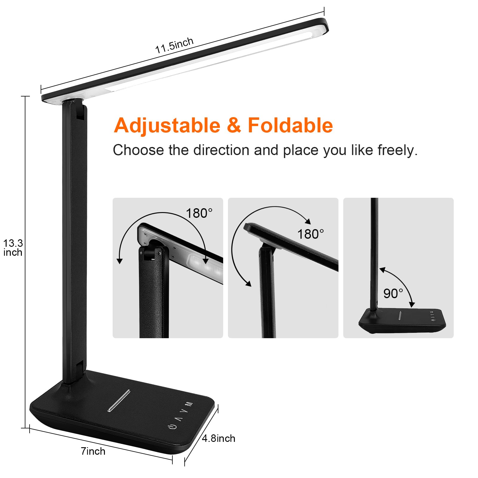 karidi LED Desk Lamp, Dimmable, 5 Lighting Modes, USB Charging Port, Foldable, Black, Model TX26A