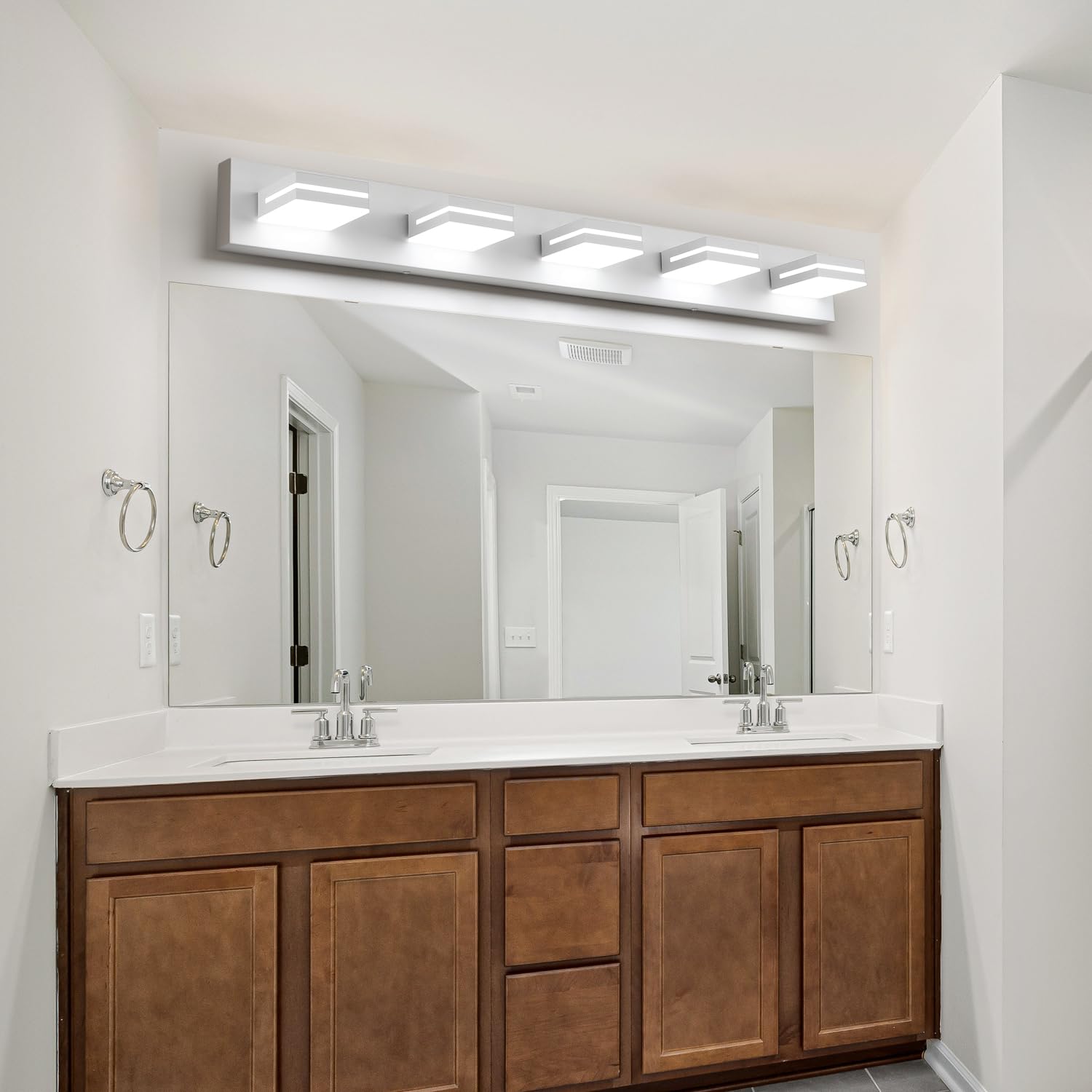 SineRise 5-Light LED Bathroom Vanity Light Fixture, 40-Inch Matte White Acrylic, Cool White 6000K, Stainless Steel Model 7ade2610-0dec