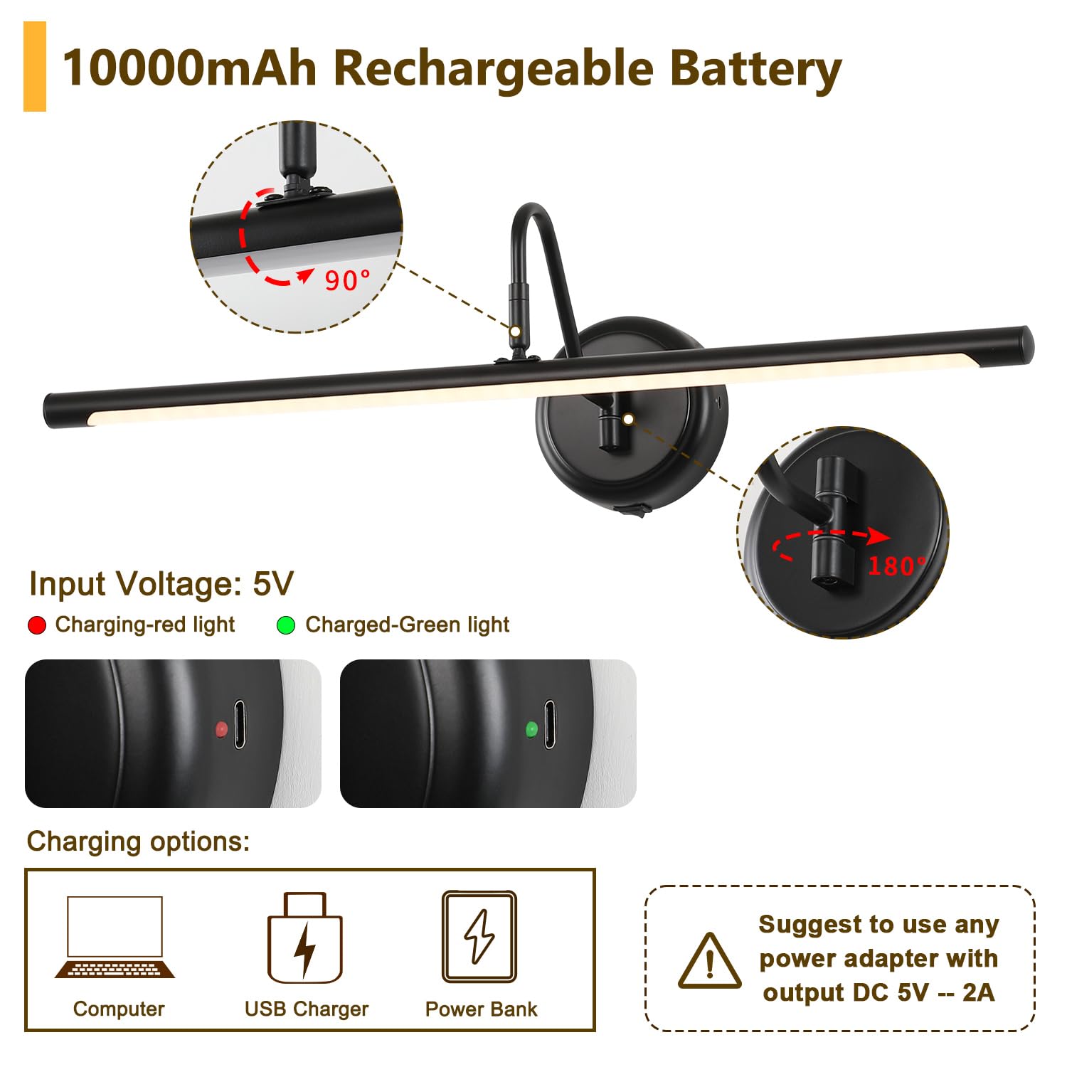 JOOSENLUX Battery Operated Picture Light 24.4in Wireless Dimmable Wall Light Black Metal Model 7940