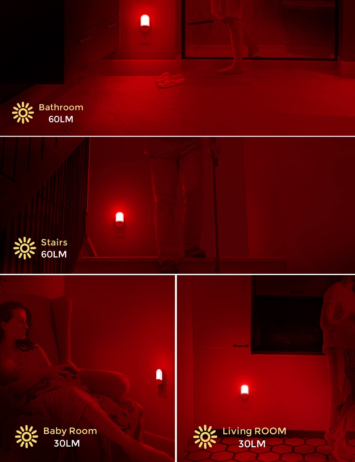 L Lohas Led Red Night Light Plug In, Motion Sensor Night Light For Kids, Adjustable Brightness, Red Nightlight, Motion Activated Night Light For Bathroom, Hallway, Holiday Christmas Decoration, 2 Pack