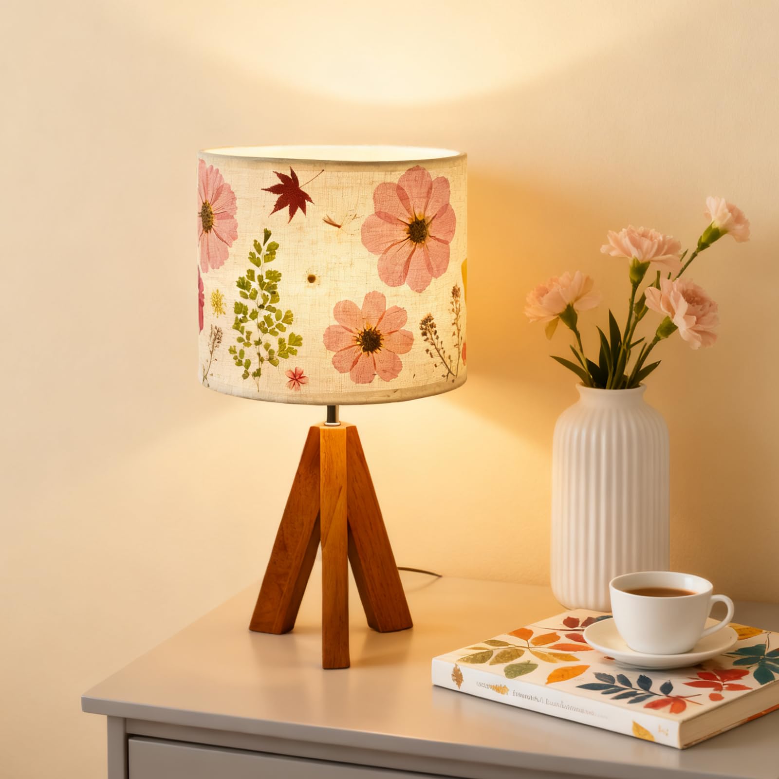 Floresita Dried Flowers Tripod Table Lamp 14.56in, 9W LED 3-Color Cute Bedside Lamp with Flowers Linen Lampshade for Nursery, Be