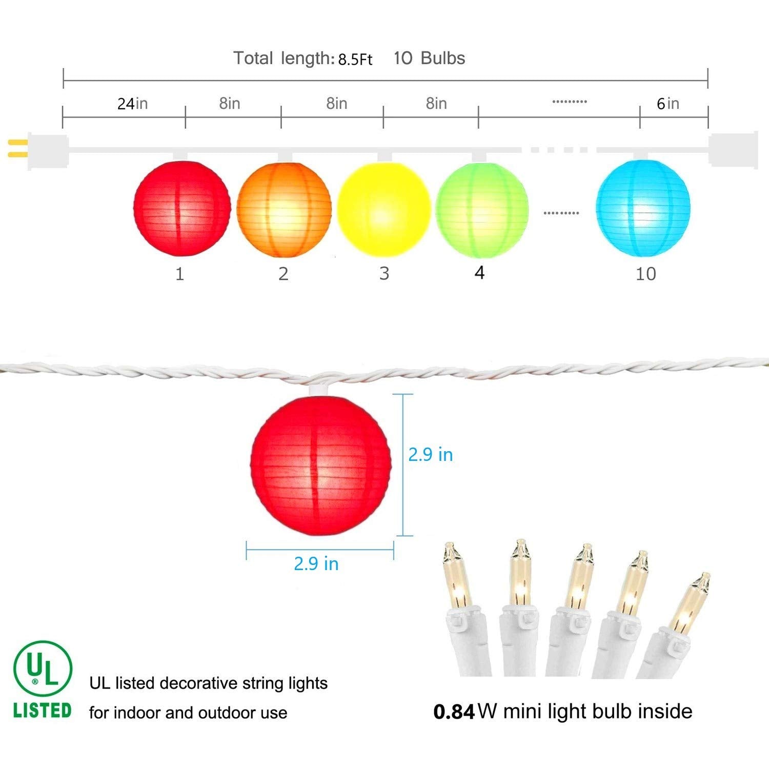 Multicolor Lantern String Lights, 8.5Ft Outdoor Lantern Christmas Lights With 10 Nylon Colorful Lanterns, Plug In Patio Lantern Lights For Home Patio Party Wedding Bistro Indoor Bedroom Decoration