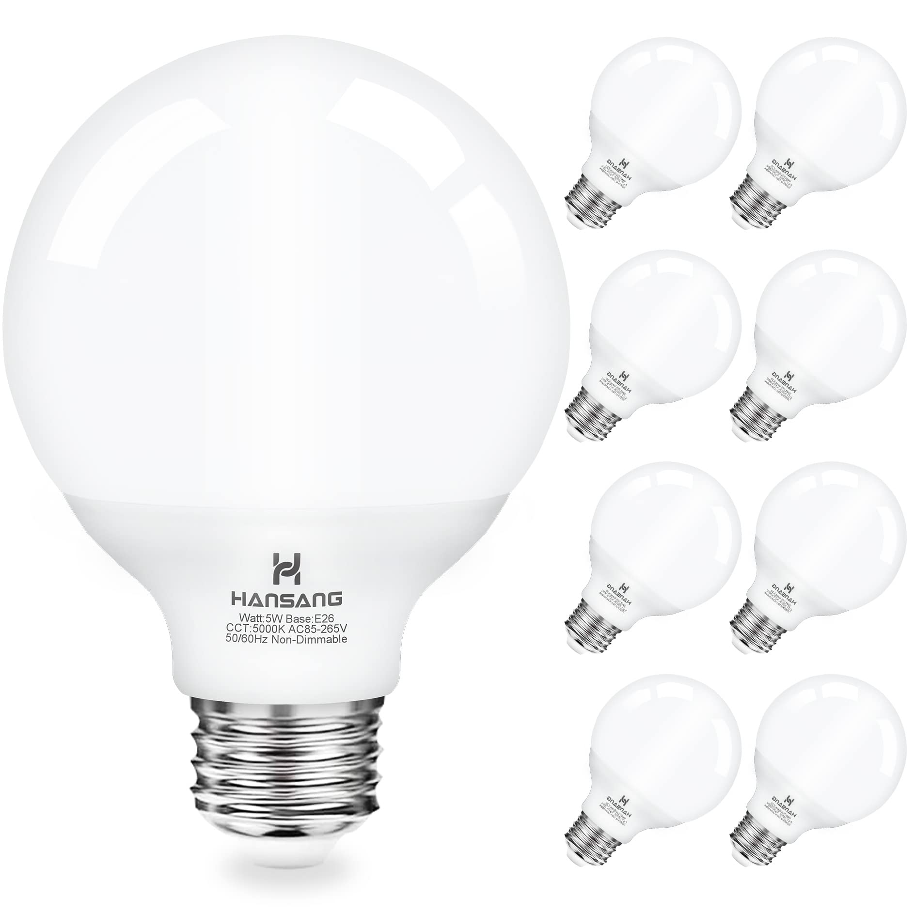 Hansang Vanity Light Bulb 5000K Daylight 8 Pack G25 Led Globe Light Bulb For Bathroom Vanity Mirror Decorative,E26 Medium Base,