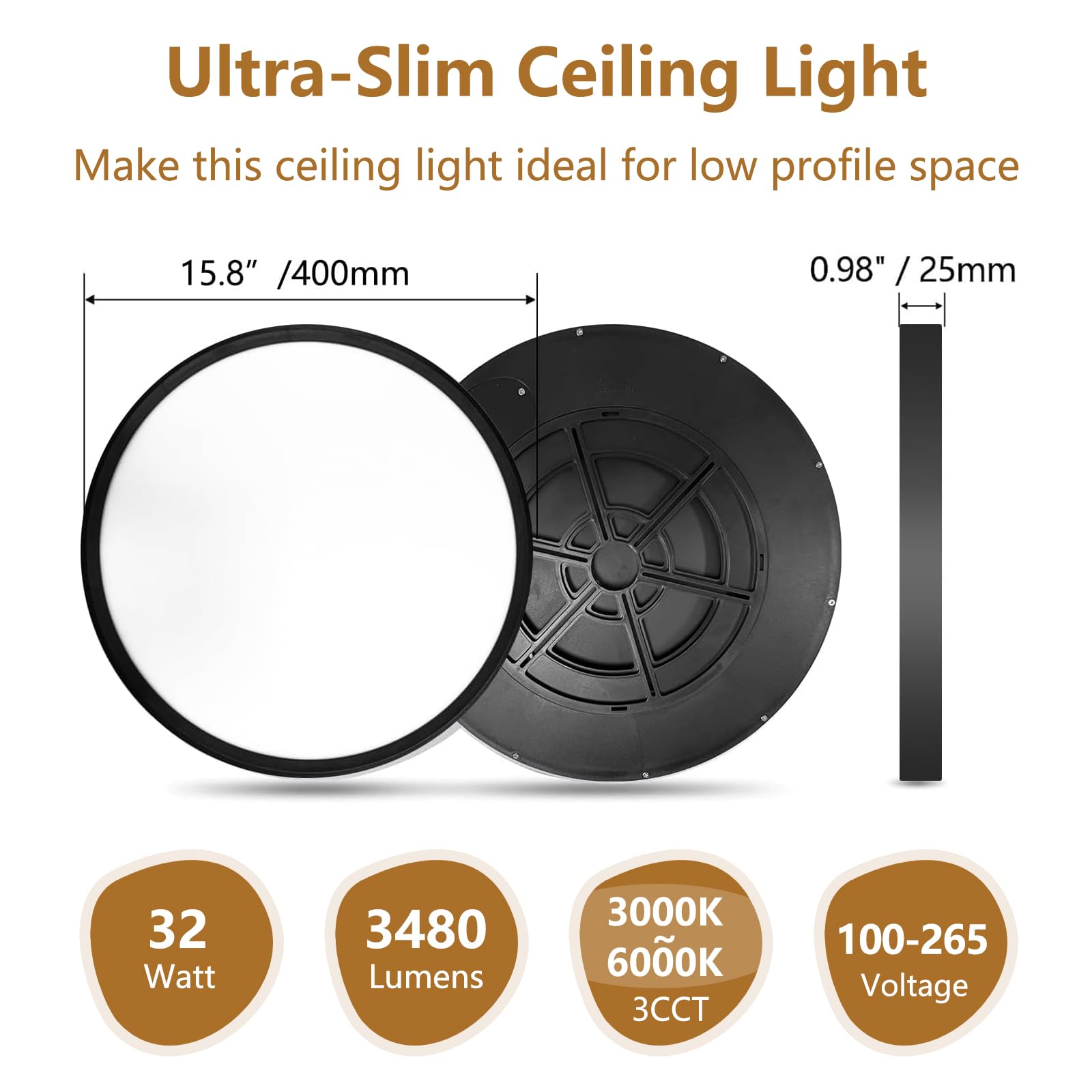 Tlz Tlz Lighting 15.8 Inch 6Pk Led Flush Mount Ceiling Light  32W  3480Lm  3000K/4000K/6000K Cct Selectable  Black Ultra-Slim Low Profile Round Flat Panel Light For Bedroom Kitchen Hallway
