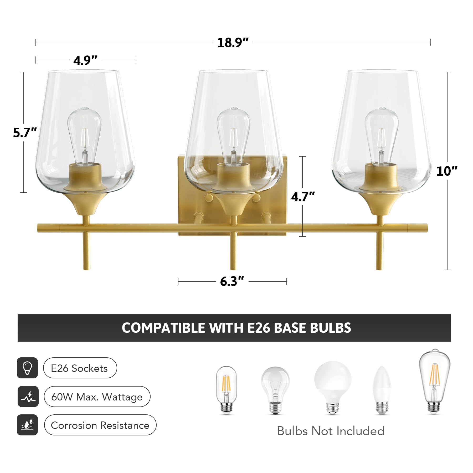 VONLUCE 3-Light Bathroom Vanity Light Fixture, Modern Metal Sconce, Brushed Gold, Clear Glass, Model HCF2803GD
