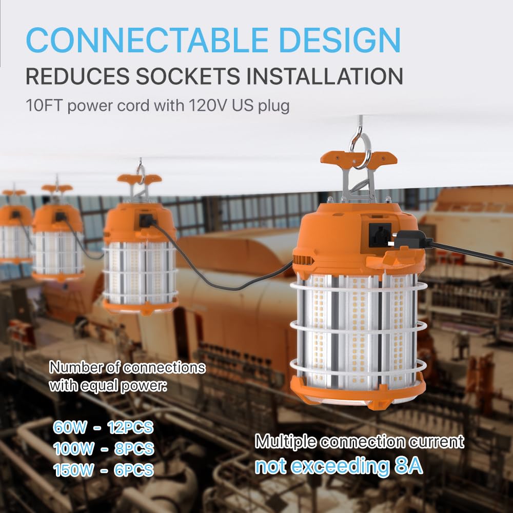 Hyperlite Led Temporary Work Light 60W 7500Lm 200W Hid/Hps 5000K, Portable Hanging Construction Light With Stainless Steel Safet