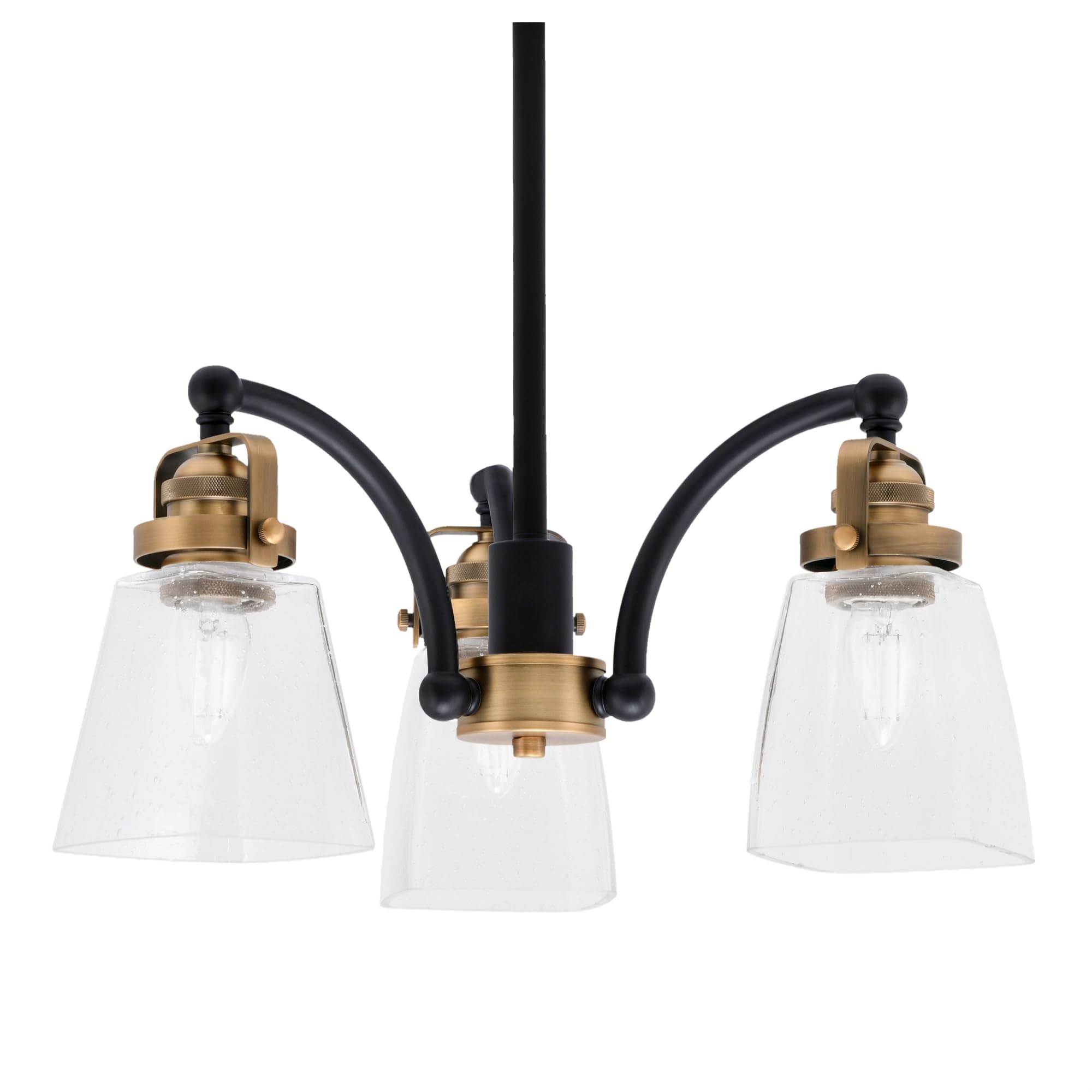 Easton Downlight, 3 Light, Chandelier Shown In Matte Black & Brass Finish With 4.5&quot; Square Clear Bubble Glass
