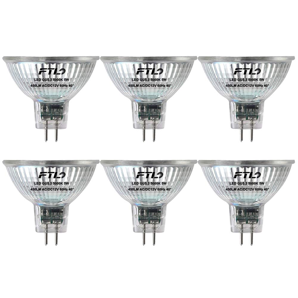 FTL MR16 LED Bulb Non Dimmable 5000K Daylight White Glass 5W AC/DC 12V 50W Halogen Equivalent 500lm GU5.3 Bipin Base 40 Degree S