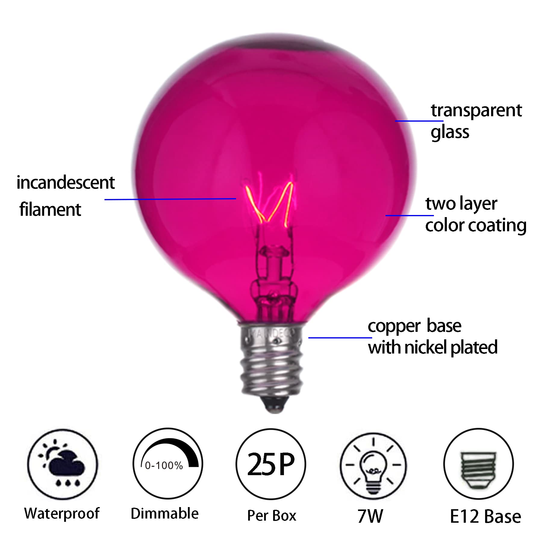 Maindeco 25 Pack G50 Replacement Bulbs,120V 7W Incandescent,E12 Base,For Indoor Outdoor String Lights-Pink