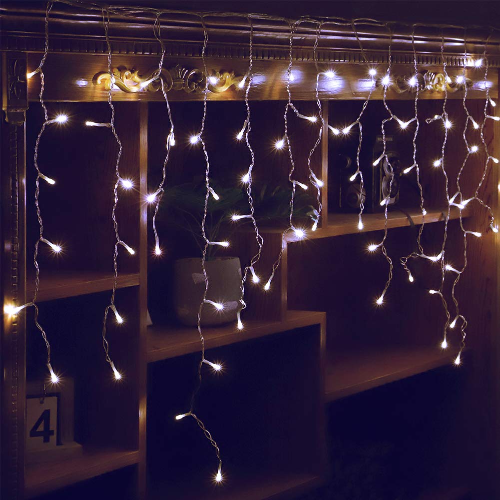 Qunlight Orangie 8 Modes LED Icicle Lights, 9.8 FT 96 LED Fairy String Lights Plug in Extendable Curtain Light String Christmas 