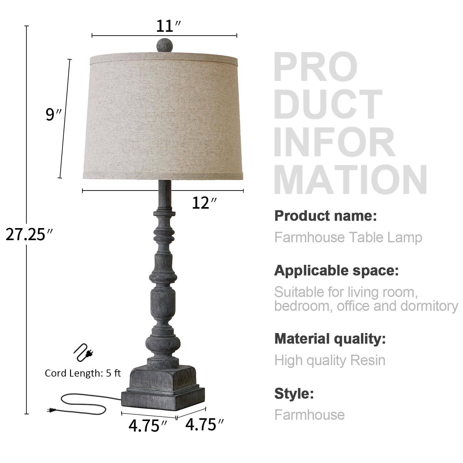 Oneach Vintage Farmhouse Table Lamps Set of 2, USB A+C Ports, Antique Grey, Mid Century Style, Model AMZ-T336USB-ANG