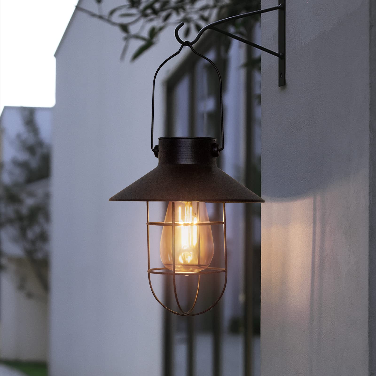Pearlstar Solar Lanterns Outdoor Metal Solar Powered Hanging Lights Waterproof For Wall Yard Garden Patio Garage Balcony Porch Fence Decor, Warm White Edison Bulb,With Wall Mount Kit(Black-1Pack)