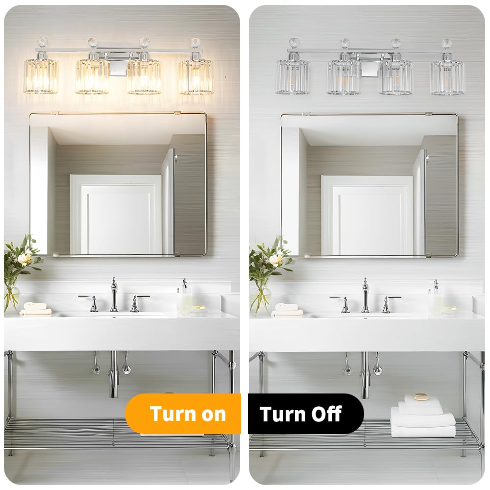Lxybcce Modern Crystal Bathroom Vanity Light 4-Lights  Chrome Vanity Lights For Bath  Crystal Bathroom Wall Fixture Over Mirror  Wall Sconces Lighting With Clear Glass Shade For Bedroom  Living Room
