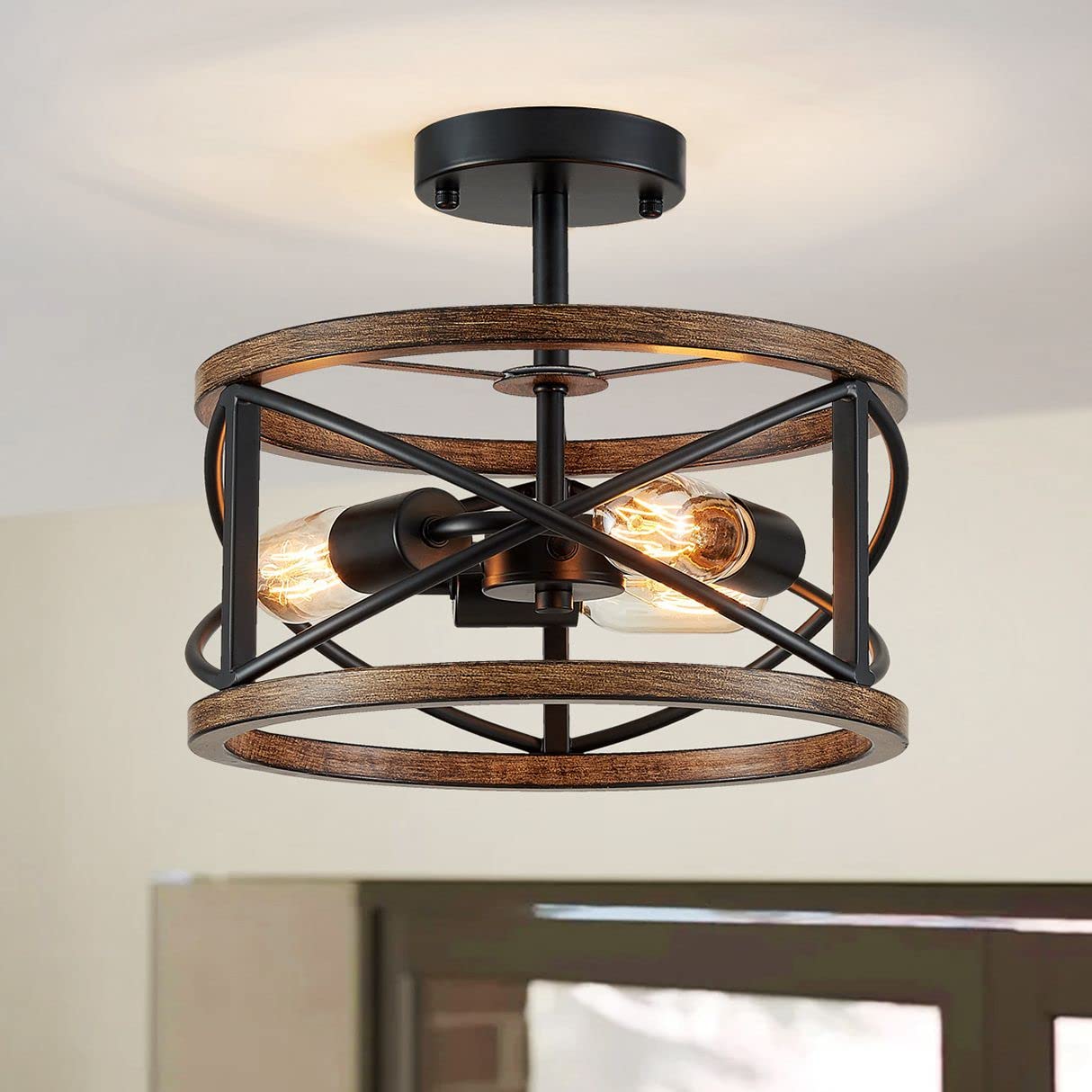 WUZUPS Chandelier 3-Light Imitation Wood Grain Vintage Farmhouse Industrial Semi-Flushmount Ceiling Light Lighting Fixture for F