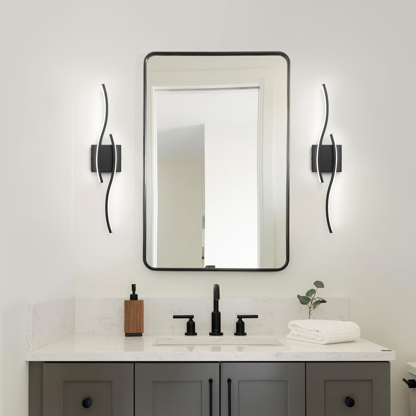 Huoku Dimmable Led Bathroom Vanity Light  24 Inch Modern Black Bathroom Lighting Fixtures Over Mirror Aluminum Wall Sconces Light Fixtures For Living Room Bedroom 6000K White Light