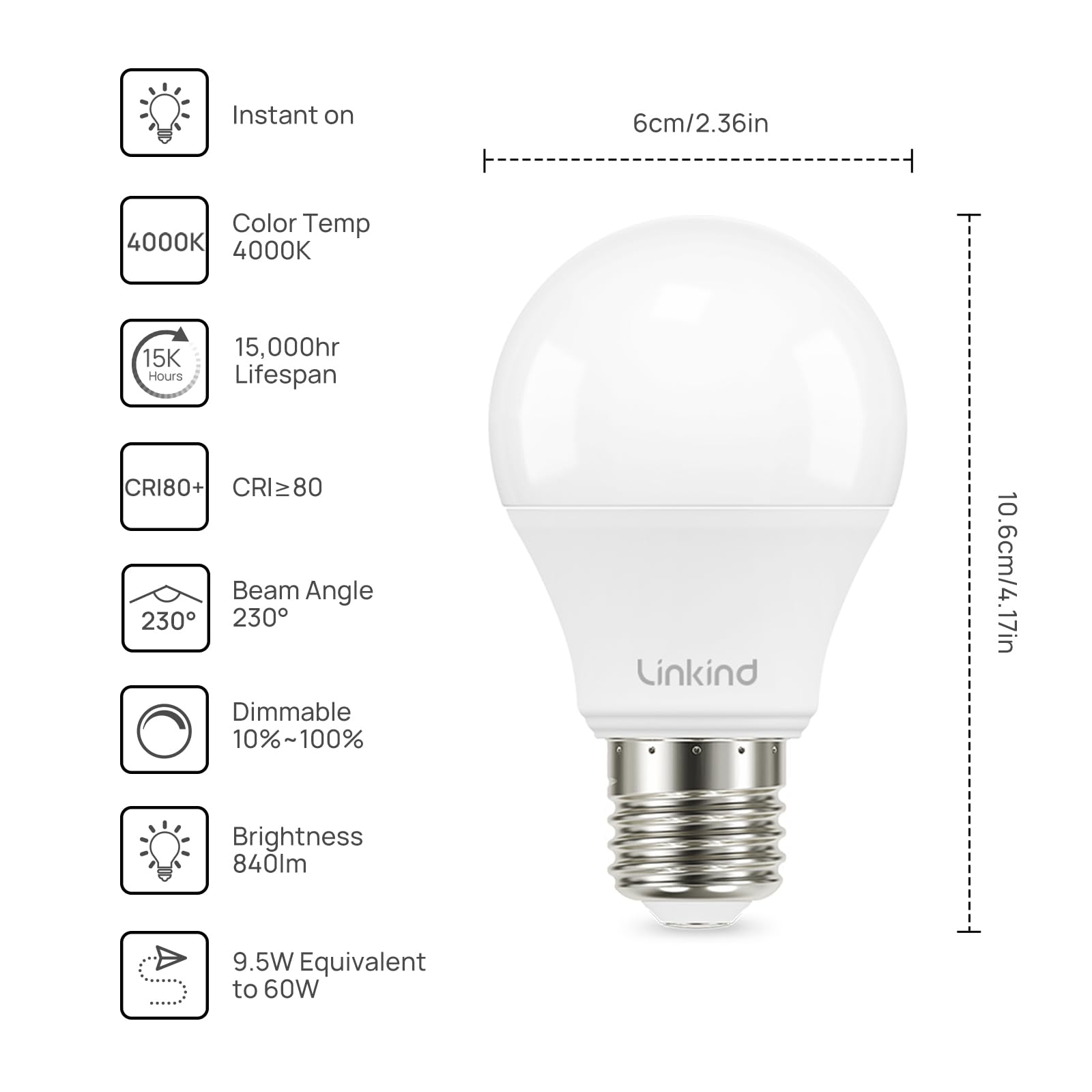 Linkind Dimmable A19 LED Light Bulbs, 9.5W (60W Equivalent), E26 Base, 4000K Cool White, Pack of 6
