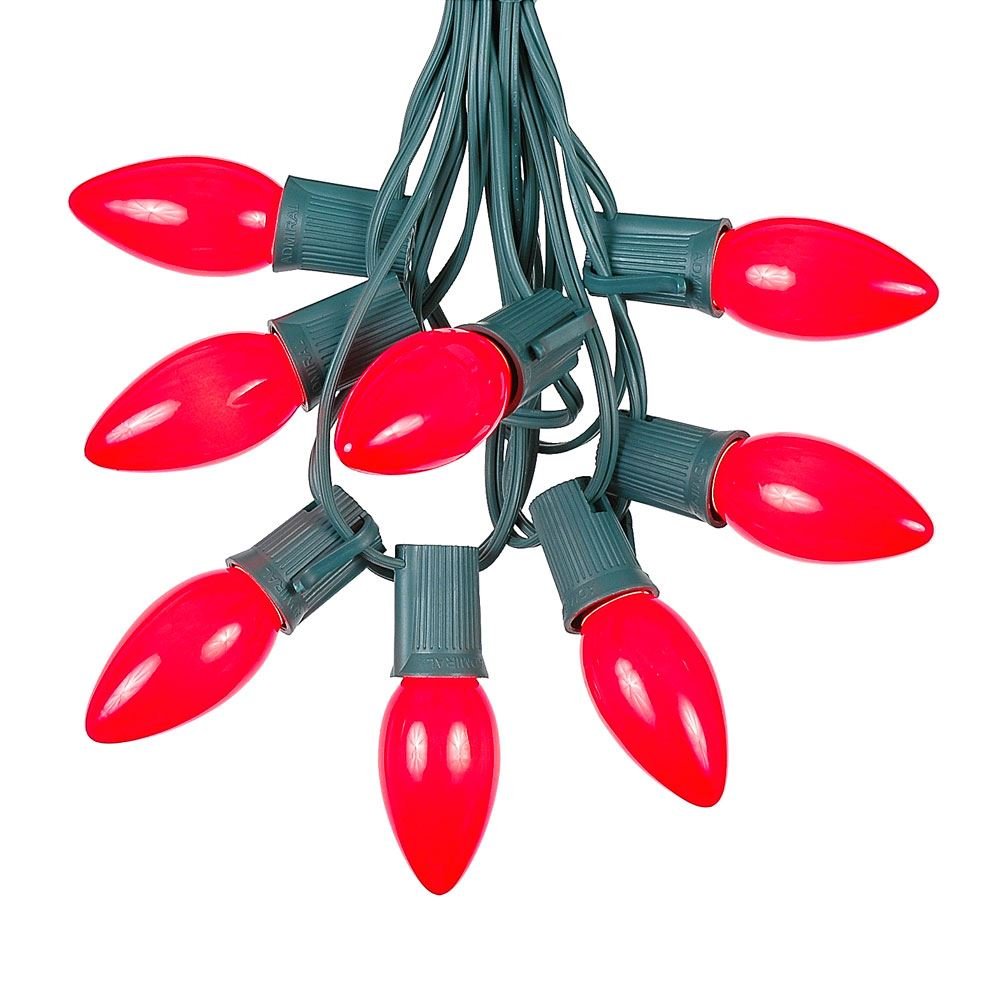 25 Foot C9 Red Ceramic Christmas String Light Set - Outdoor Christmas Light String - – Opaque Christmas Bulbs - Roofline Light String – Outdoor String Lights - Green Wire