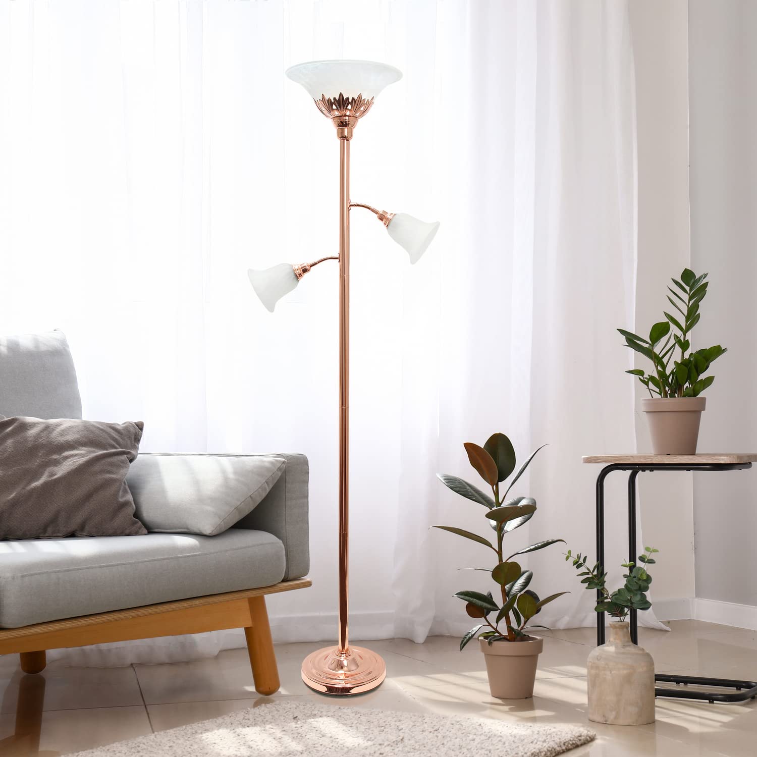 LALIA HOME Torchiere Floor Lamp, Rose Gold with 2 Reading Lights & Scalloped Glass Shades, Model LHF-3002-RG