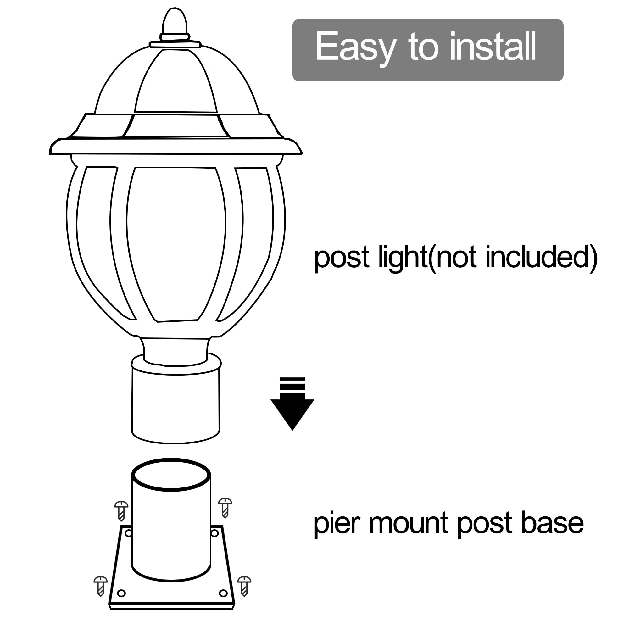 MiDive 3 Inch Pier Mount Base - Heavy Duty Black Metal Post Light Bracket for Mailbox, Light Pole, Flagpole