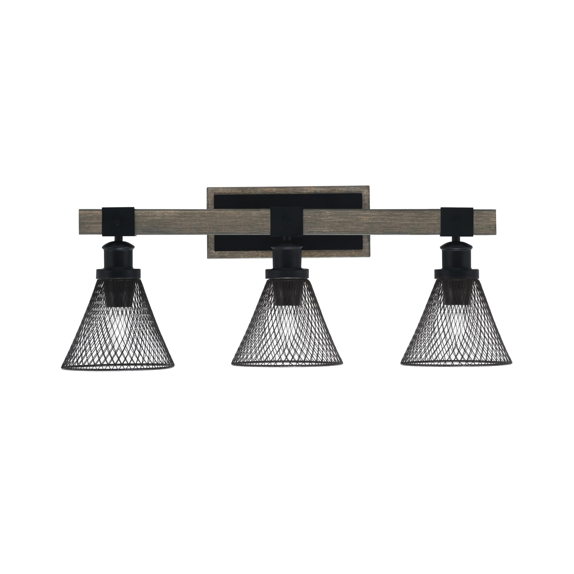 Toltec Lighting Tacoma 3 Light Bath Bar - Matte Black & Wood-Look Metal, 7in Cone Mesh Shades
