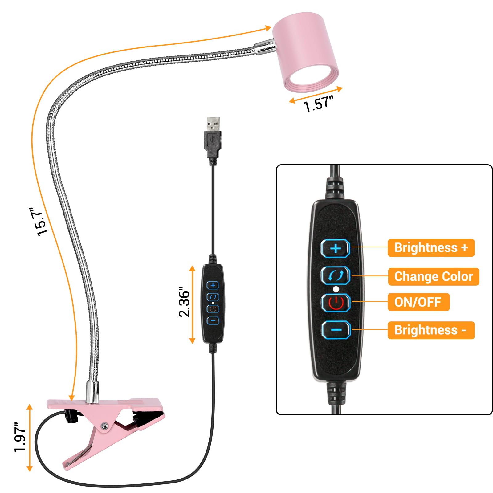Best World LED Reading Light - 3 Modes, 10 Brightness Levels, Clip on, Aluminum, Pink, Model DA-3.5W-14
