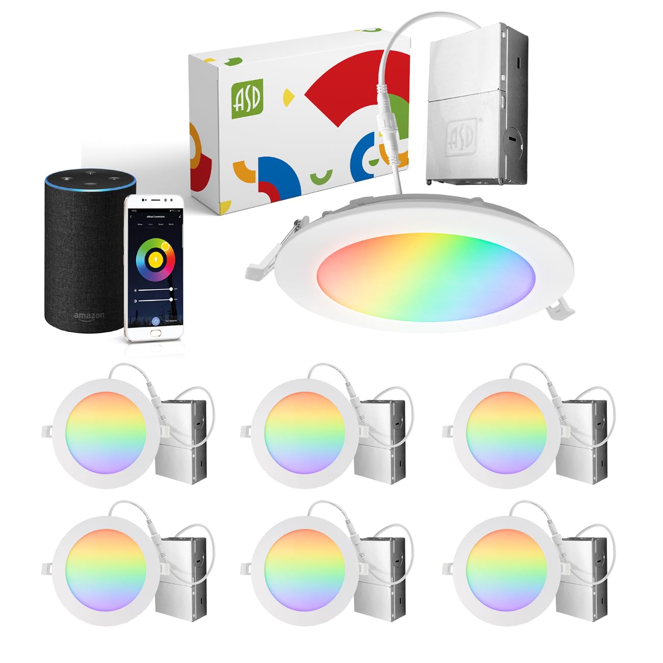 ASD 6 Pack LED Smart Recessed Lighting 6 Inch 15W  RGBW Color Changing Lights  Compatible with Alexa & Google Assistant  Dimmable 2700K-6500K Selectable RGB Lights  WiFi Bluetooth Ceiling Light  ETL