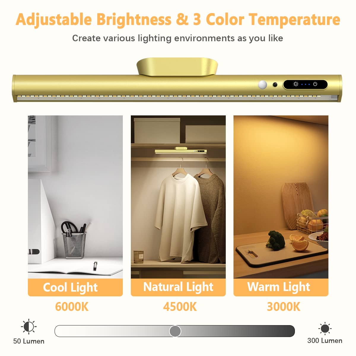 bravzurg Battery Powered Wall Strip Lights, Motion Sensor LED Light Bar, Rechargeable, Magnetic, Gold, Model YZYP350-GD03