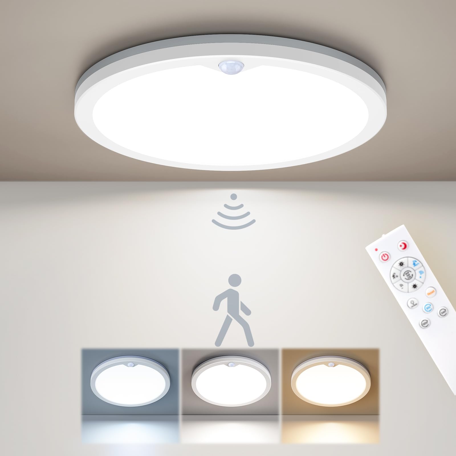 Annaror Motion Sensor Ceiling Light with Remote, Wired Motion Sensor Light Indoor 3000K 4000K 5000K, 2000K Nightlight 1800LM Dim