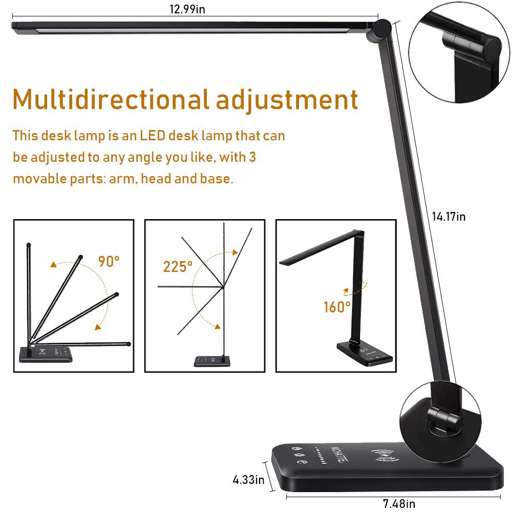 MCHATTE LED Desk Lamp with Wireless Charger, Dimmable Light, Touch Control, Black, Model 009A