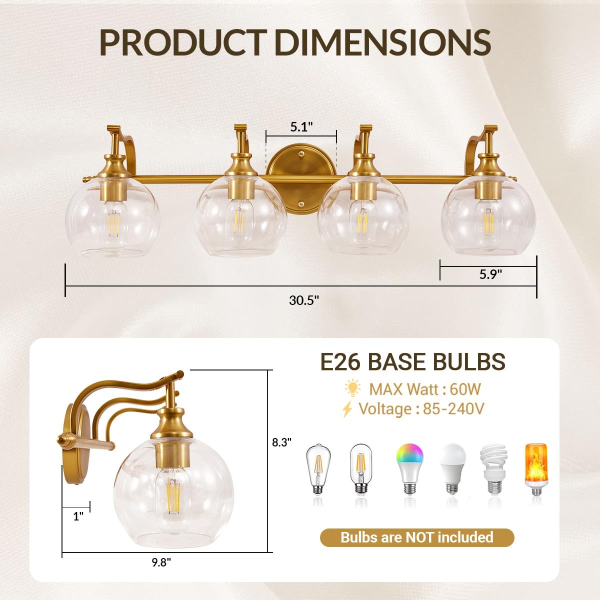 ANDY STAR Brass Vanity Light - 4-Light Gold Bathroom Fixture, Vintage Design with Globe Clear Glass Shade, E26 Base (Bulbs Not Included)