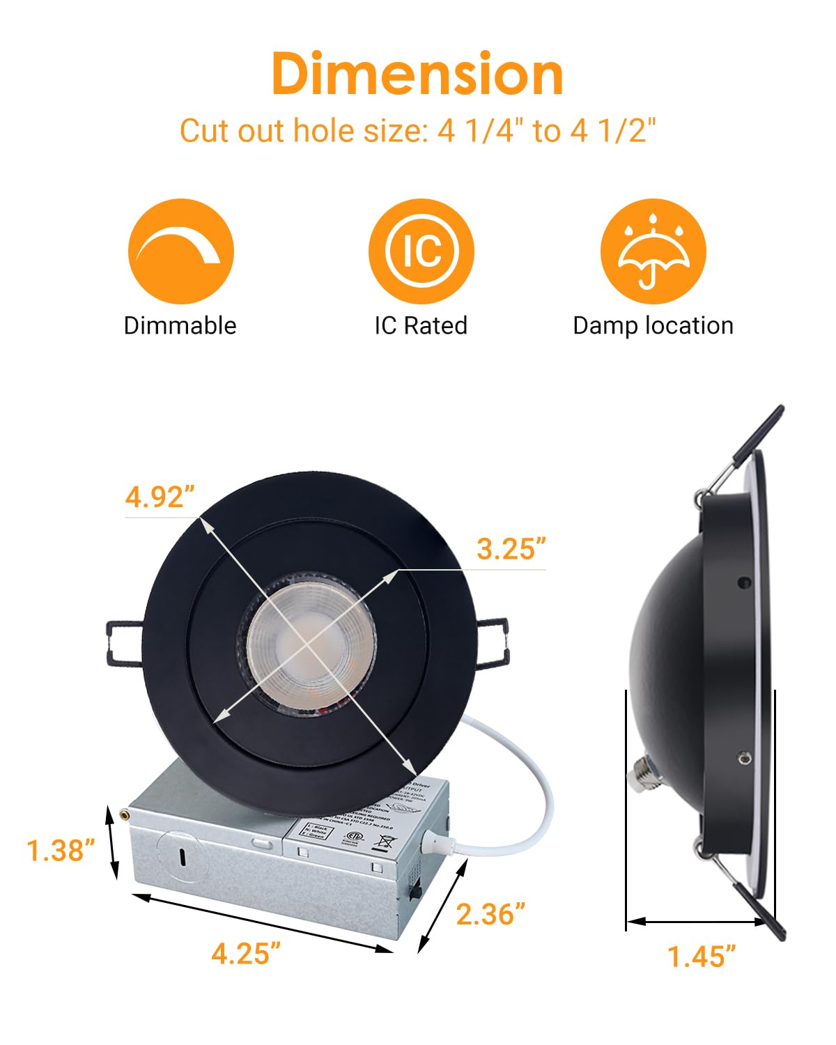 Popanu 4 Eyeball Recessed Gimbal - 4 Inch 9W Canless Gimbal Ceiling Spotlight Black Trim 90 Tilt Swivel Eyeball Lighting Wafer S