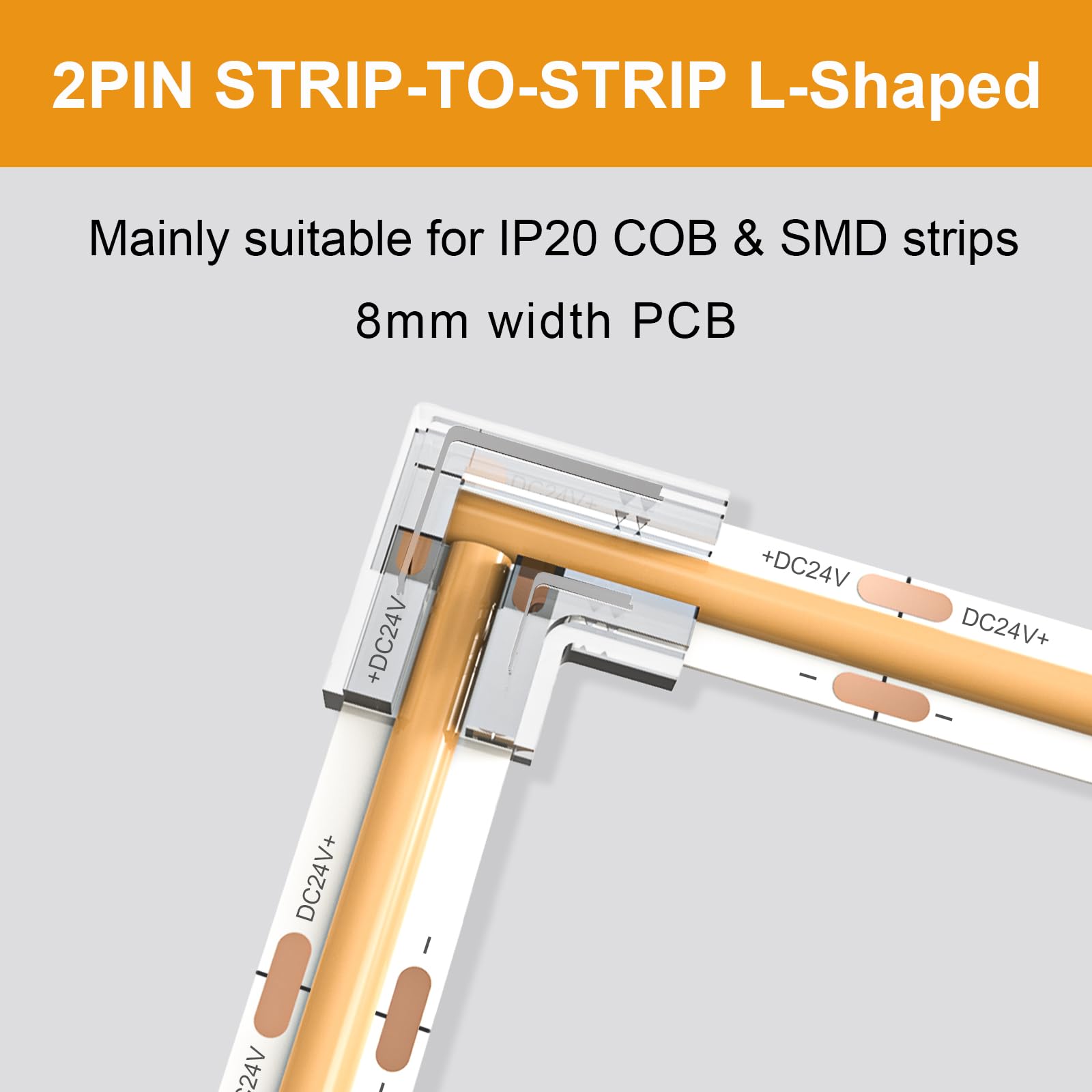 Visdoll 20Pcs Cob Led Light Strip Connectors 8Mm 2Pin,Strip To Strip L-Shaped/Corner Connector Led Tape Light Connectors, Transparent Solderless Gapless No Dark Area For Diy Cob/Smd Strip Lights