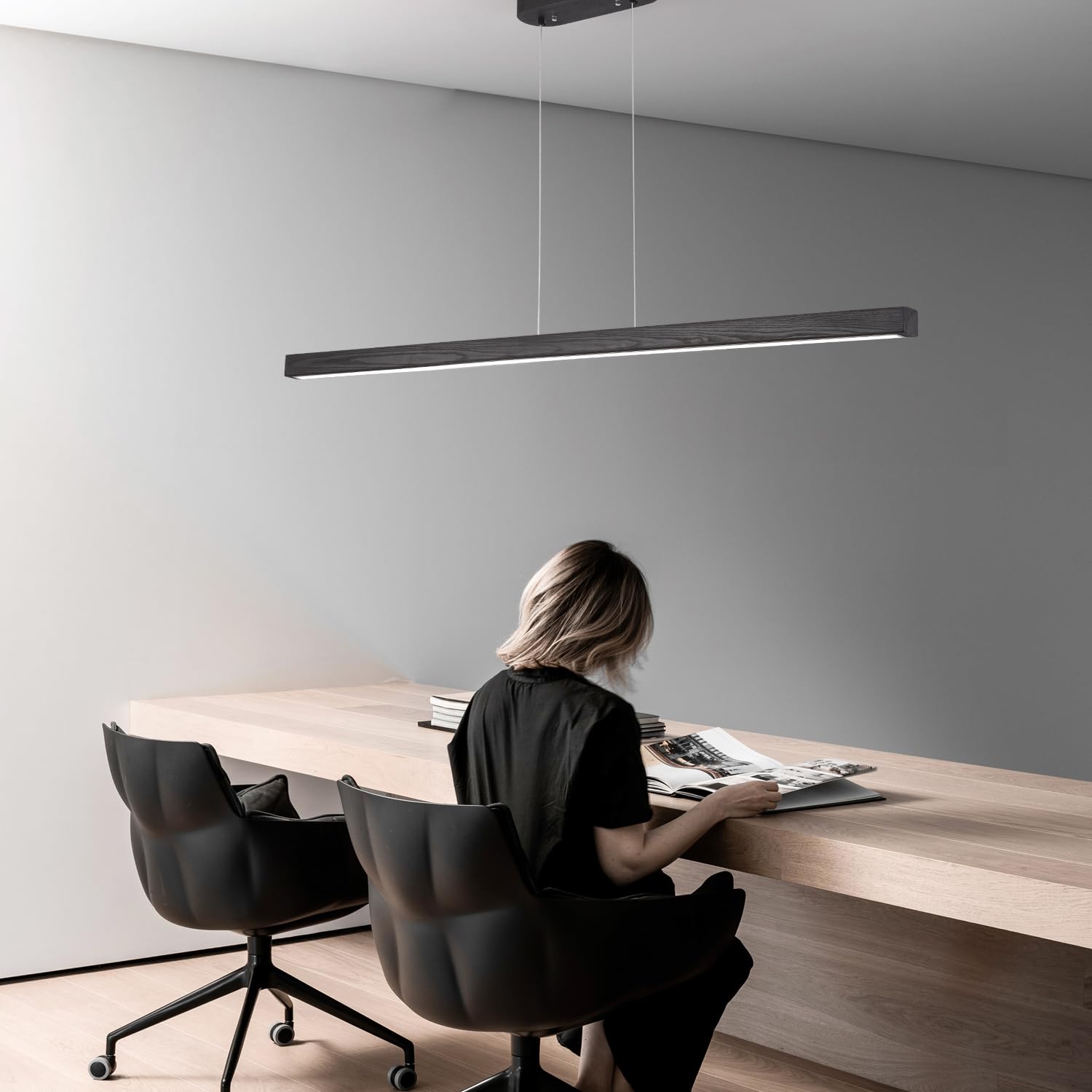 Black Wood Linear Pendant Light - Dimmable Led Chandelier With Remote  Modern Minimalist Lighting For Kitchen Islands  Dining Rooms & Pool Tables (Energy-Efficient 19W)