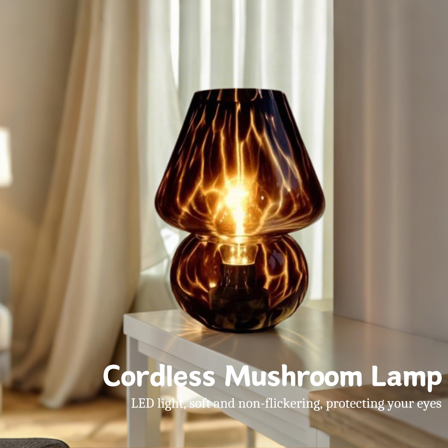 Aomoonoa Glass Mushroom Lamp, Mushroom Desk Lamp With Led Bulb, Small Brown Battery Operated Cordless Lamps For Kitchen Counter,