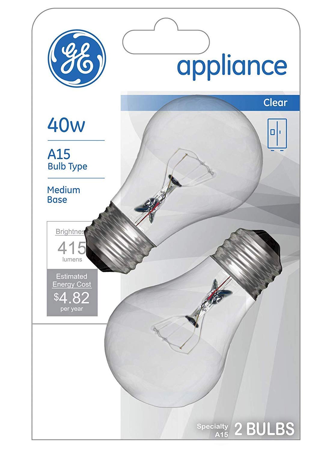 Ge Appliance Clear Light Bulb 40W, A15 Bulb Type, Medium Base | 415 Lumens | 2-Count Per Pack (1-Pack)