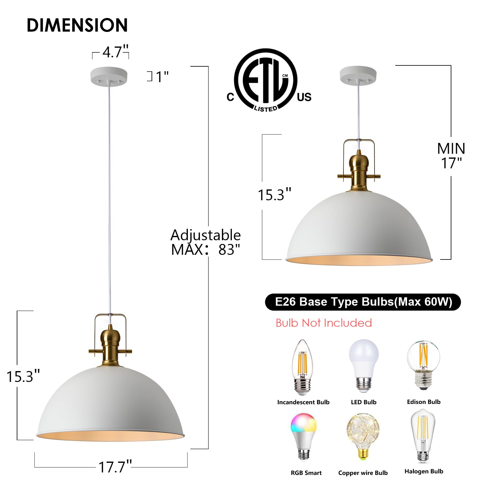 Alaislyc 18 Inch White Farmhouse Pendant Lights Large Pendant Lights For Kitchen Island Industrial Adjustable Height Vintage Big