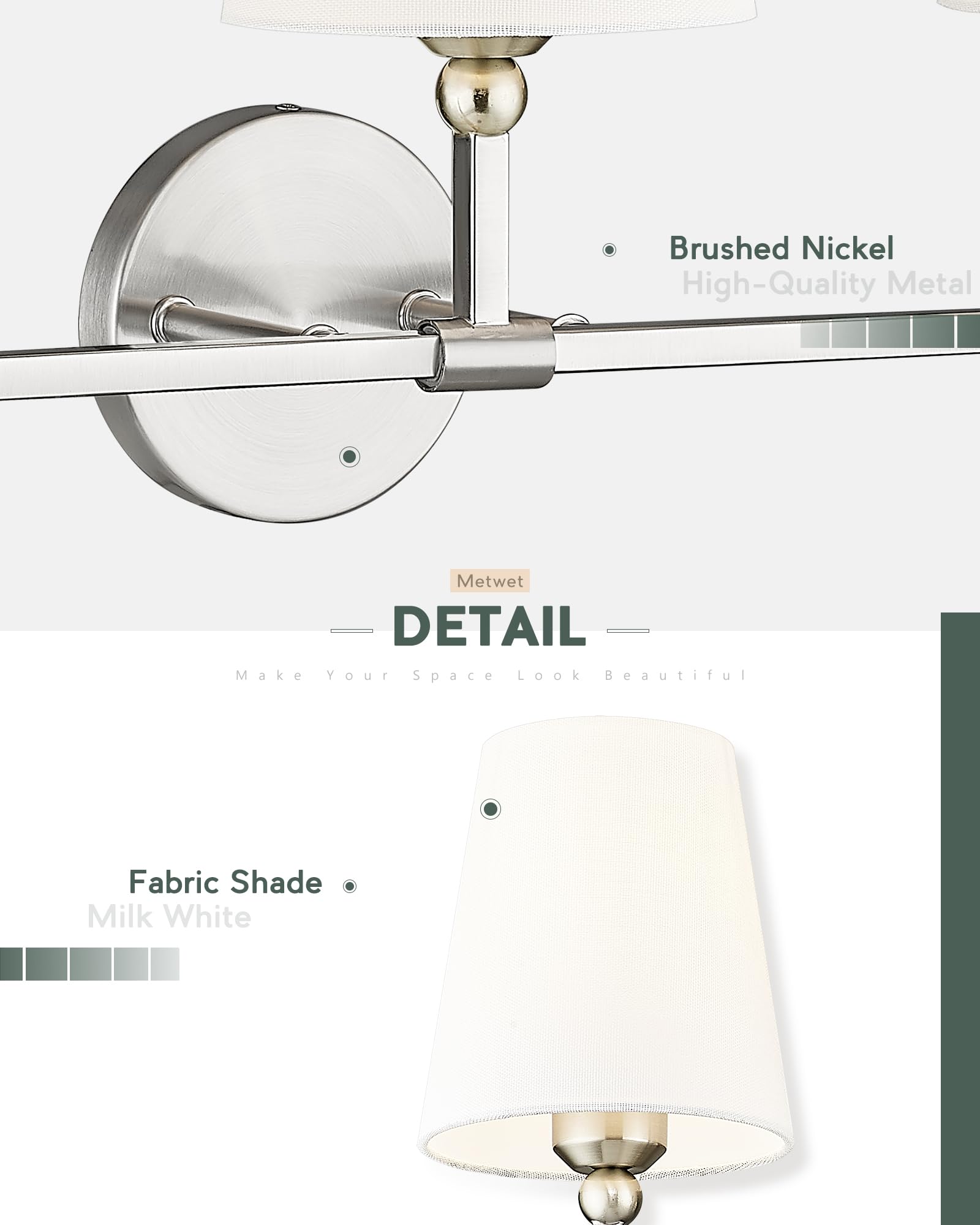 Metwet Bathroom Light Fixtures, Brushed Nickel Vanity Lights With Flared White Fabric Shade, 3 Light Wall Sconce, Modern Sconces