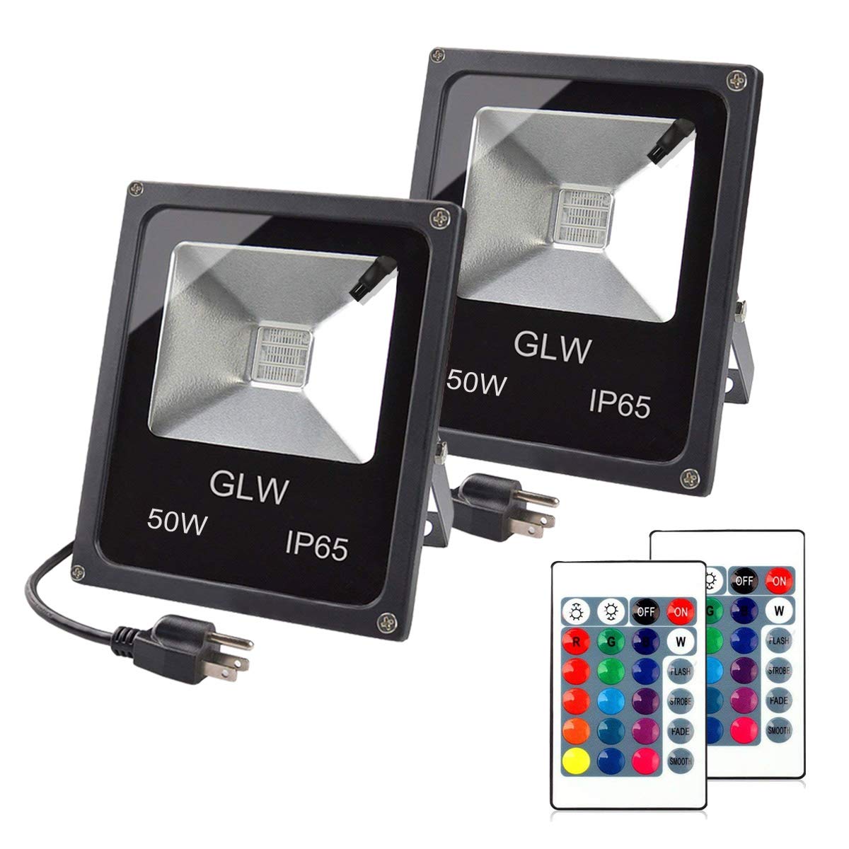 GLW LED RGB Flood Light  50W Outdoor Color Changing Lights with Remote Control  IP65 Waterproof Dimmable Wall Washer Light  Flood Lamp 16 Colors 4 Modes with US 3-Plug(2 Pack)
