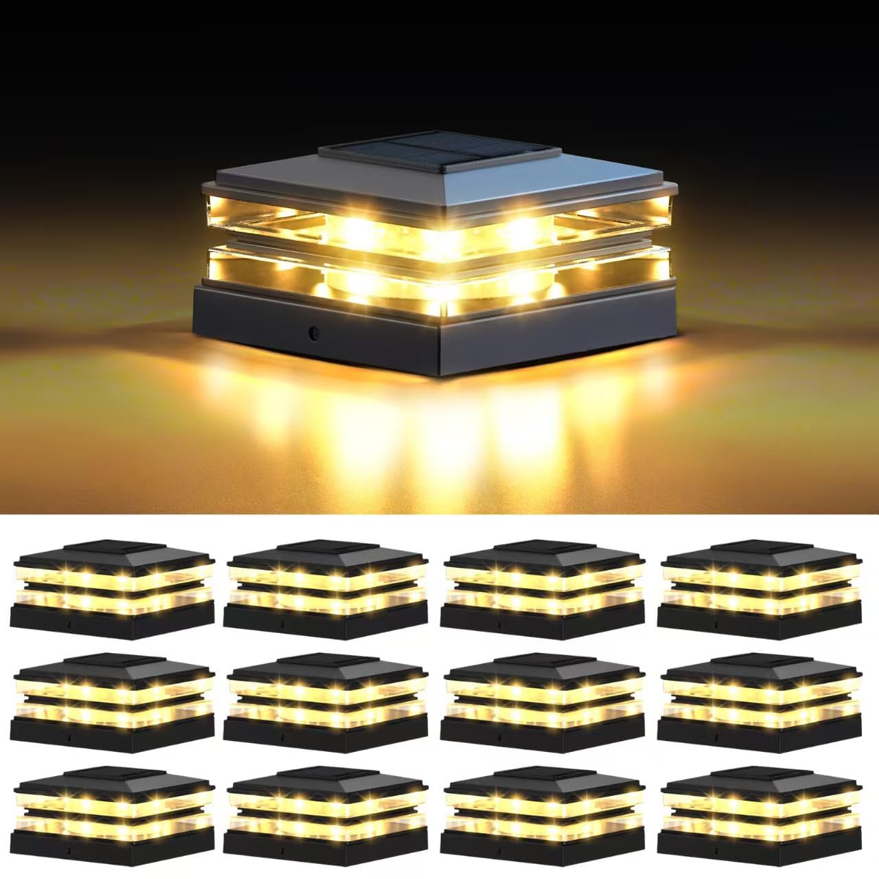 EXCMARK 4x4 Solar Post Cap Lights Outdoor Waterproof 12 Pack Fence Deck Post Lights with High-Brightness LEDs, Dual Light Modes 