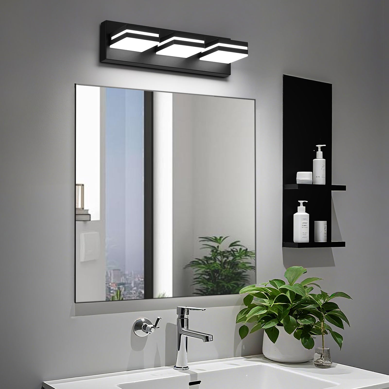 JZEKVN Modern LED Bathroom Light Fixture, 3-Light Metal Black Acrylic, 16.14in, 6000K Vanity Lighting Over Mirror