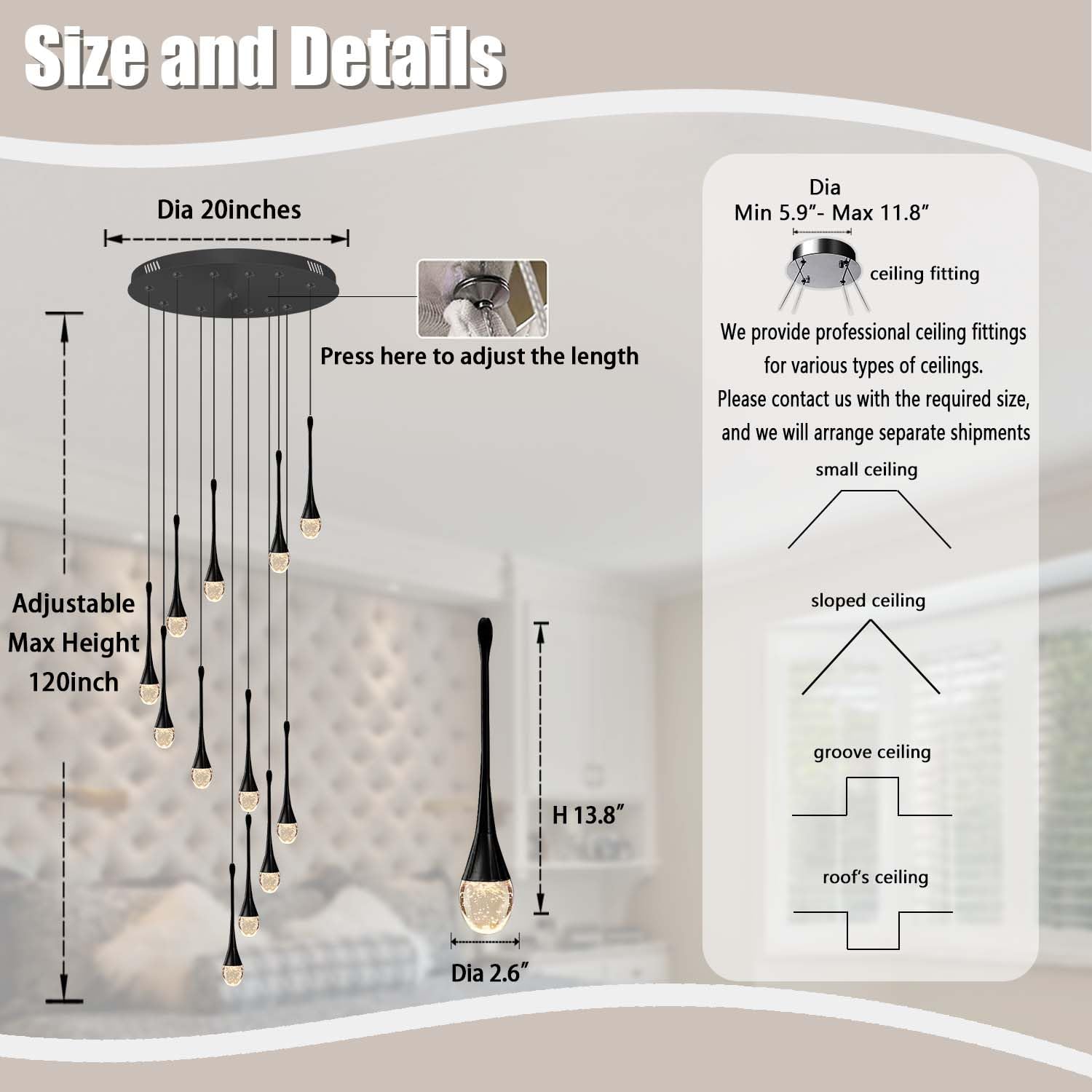 Ykolupty 12-Light Black Raindrop Crystal Chandeliers 120'' High Ceiling Foyers Entrance Chandeliers Staircase Long Pendant Light