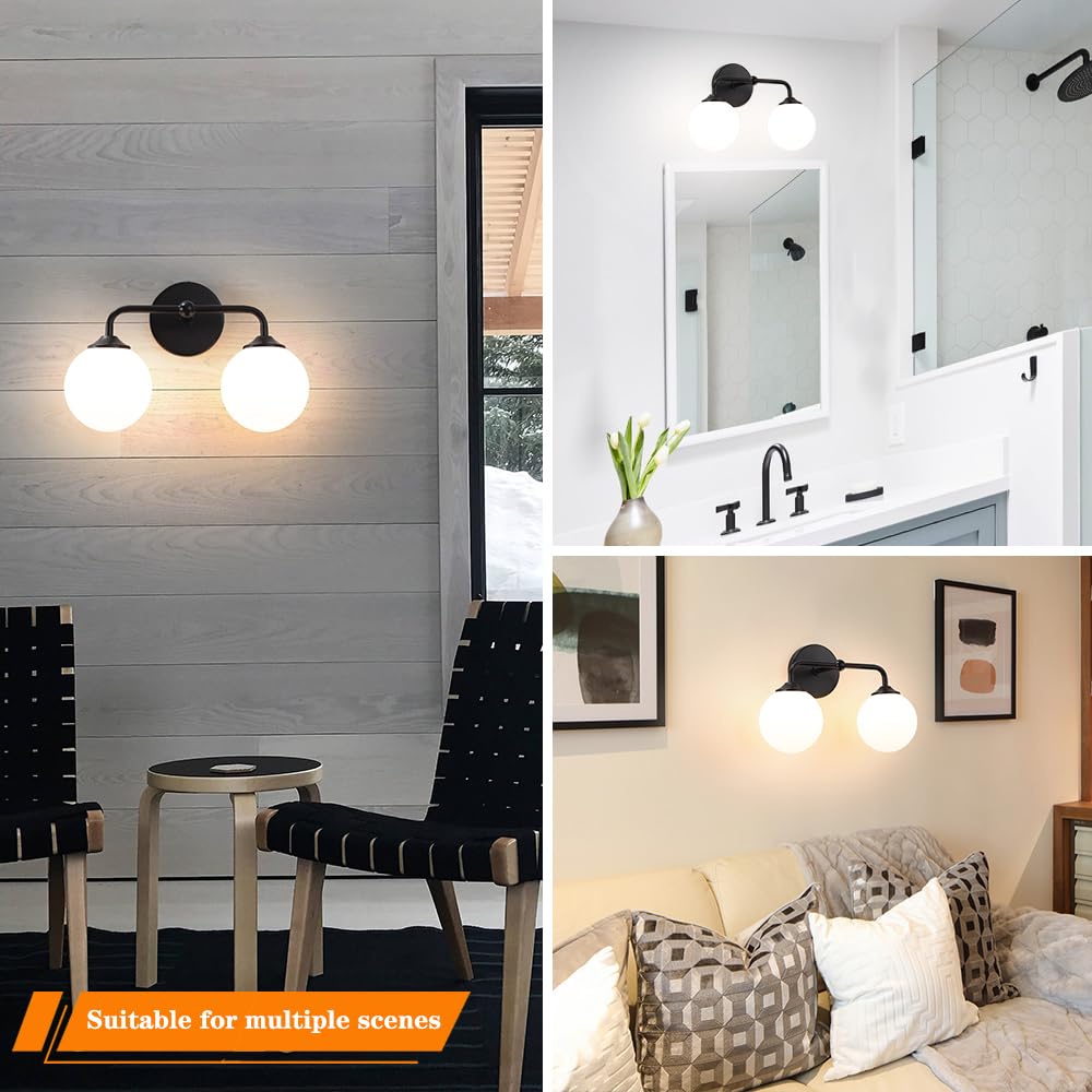 Industrial Matte Black 2-Lights Bathroom Light Fixtures  Vanity Wall Sconce Lighting With Milky White Glass Shade  Modern Bathroom Vanity Lighting  Wall Sconces Over Mirror Dressing Table Bedroom