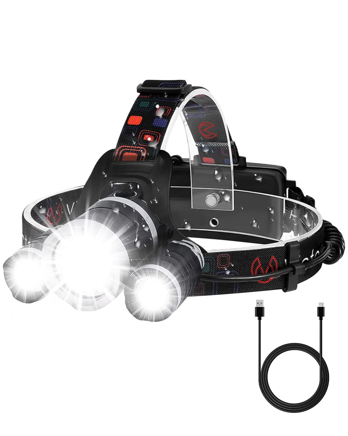 Rantizon Headlamp Rechargeable Headlight With 3 Lights 4 Modes, 6000 Lumen Super Bright Led Lamp, Hands-Free Flashlight Headlamp