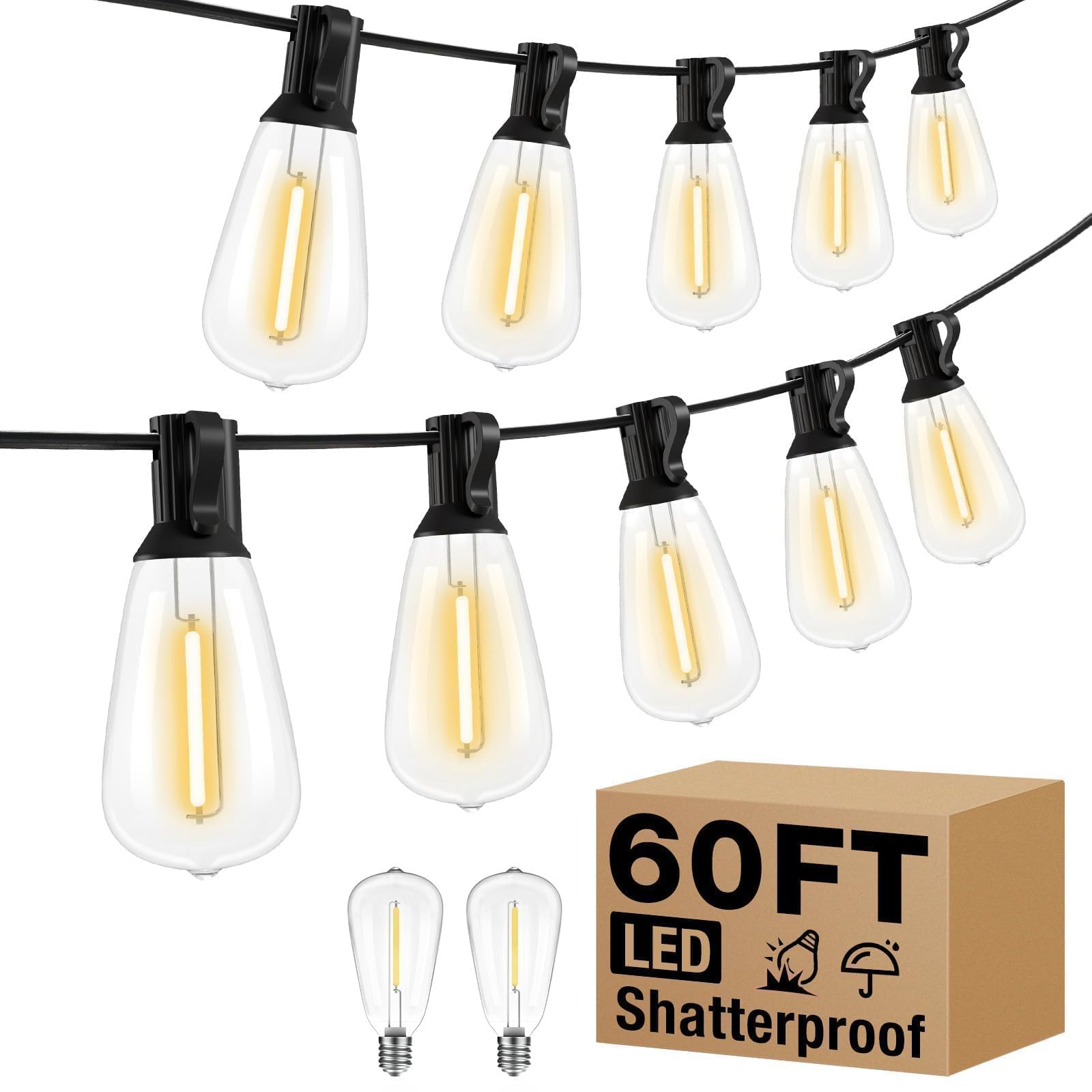 litogo Led Outdoor String Lights, 60Ft Patio Lights Waterproof with Edison Bulbs Shatterproof, Warm White Hanging Outside Lights