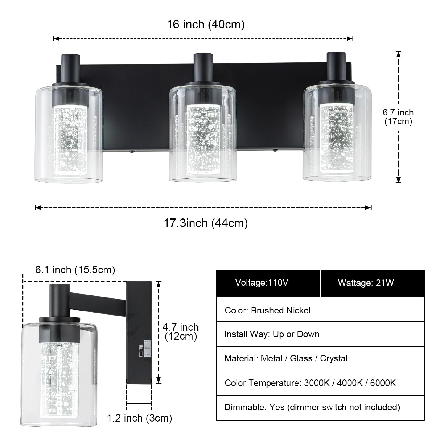 SineRise 4-Light Vanity Light - Dimmable LED Bathroom Fixture, 3 Color Modes, Black, Modern Design with Clear Glass Shade